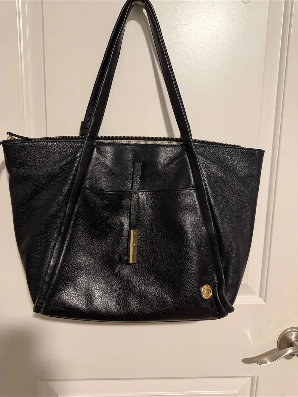 Vince Camuto Black Pebbled Leather Tote with Gold Logo